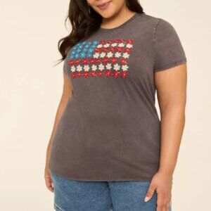 Lane Bryant Womens Tee Plus Size 26 / 28 Floral Flag Embroidery Grey T-shirt